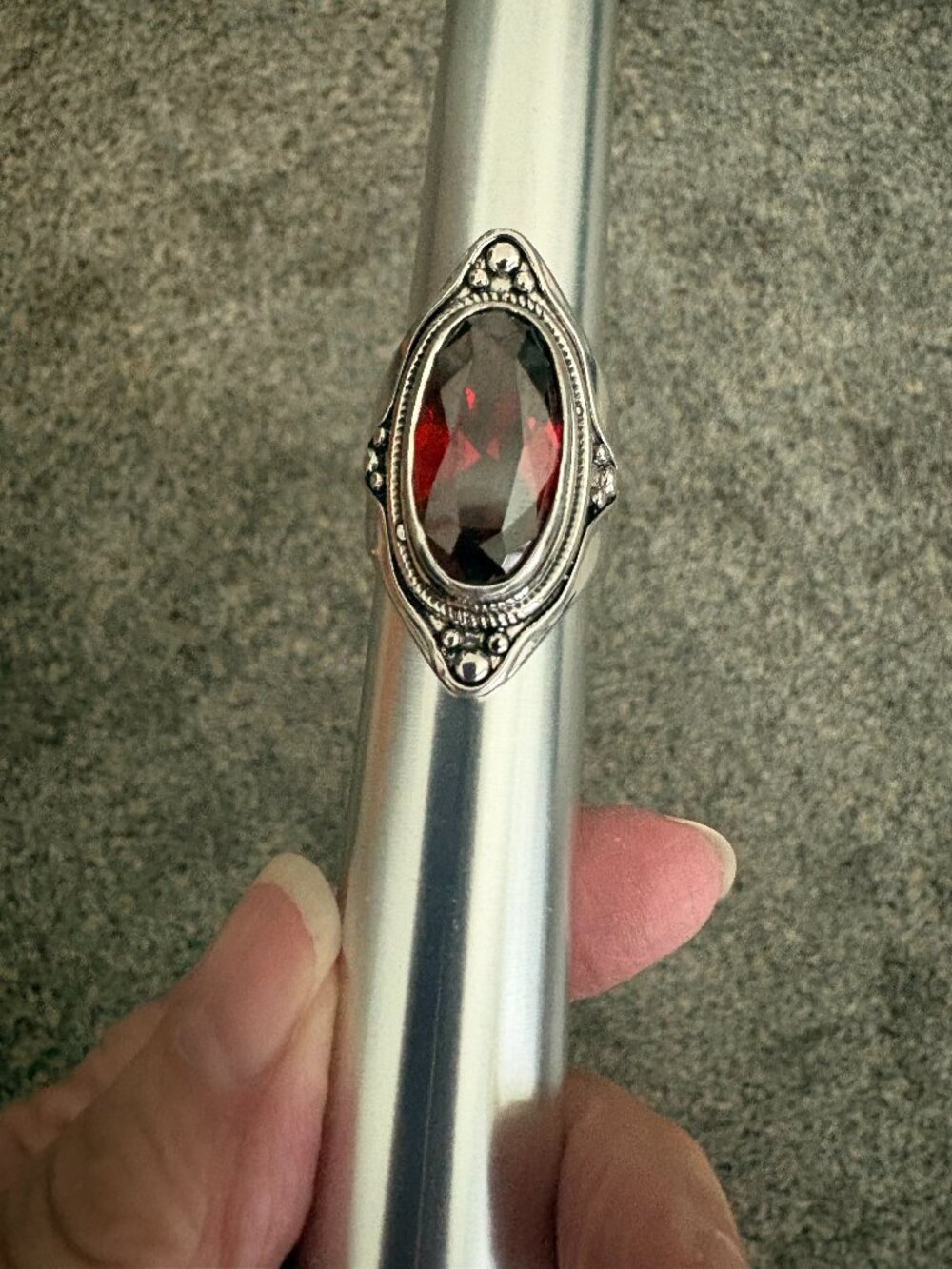 Bold Silver Tone Ring with Red Glass Stone Size 7.5